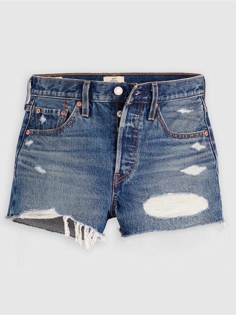 Levi’s 501 high-rise distressed happy vibes wash frayed hem denim shorts NWT